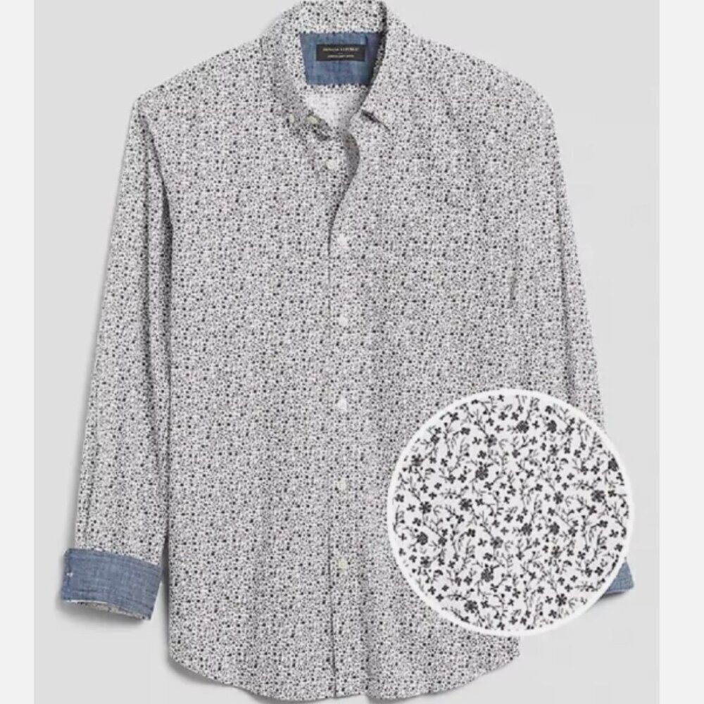 Banana Republic Men's Button Down- Standard Fit Stretch Soft-Wash - Floral Denim